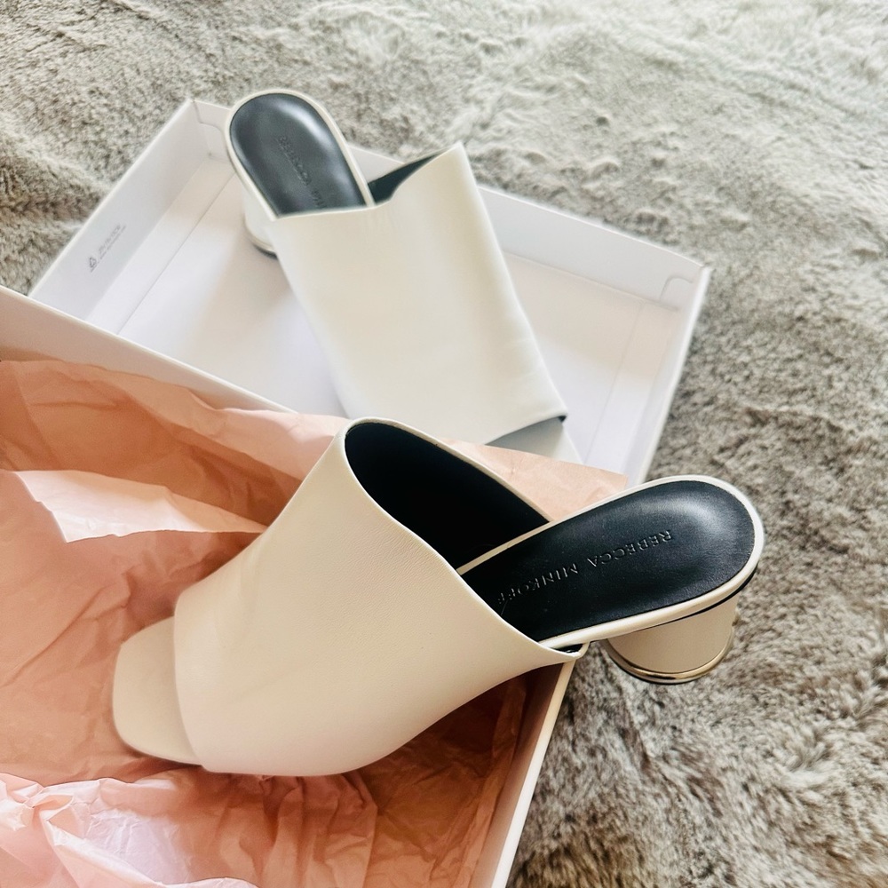 Rebecca Minkoff White Leather ACELINE Mules size 8.5 New in Box 🤩
